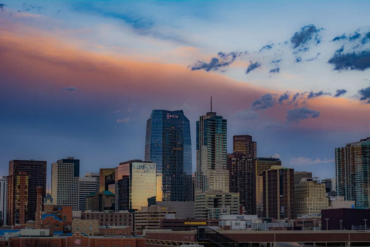 Downtown Denver skyline at sunset