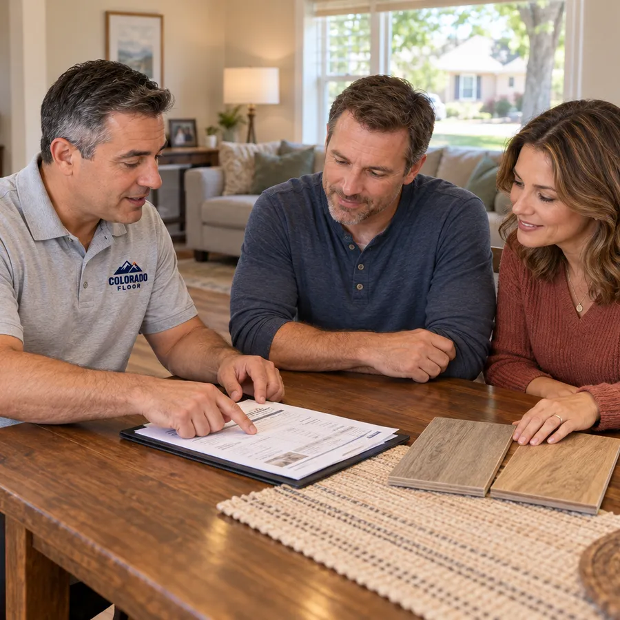 Colorado Floor estimator reviewing a flooring estimate and wood samples with a couple at their dining table