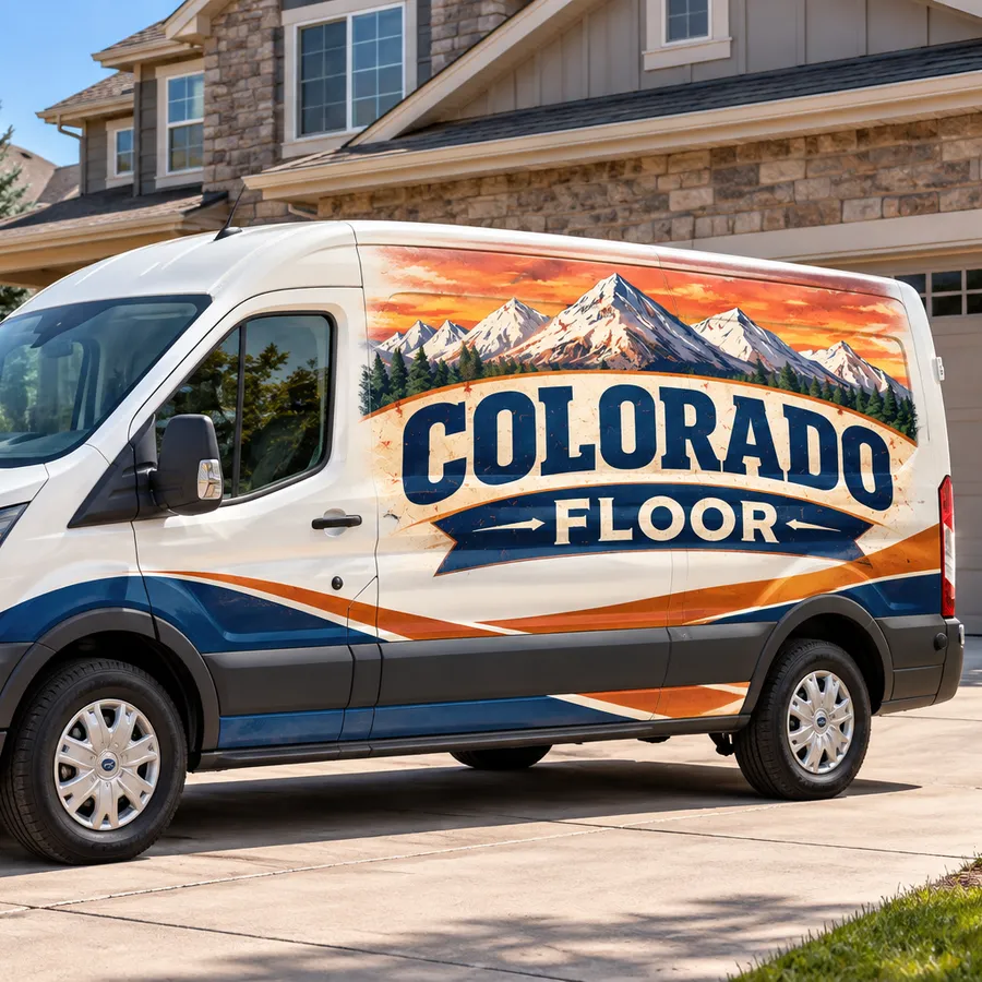 Colorado Floor work van with the mountain logo parked in the driveway of a Denver-area home