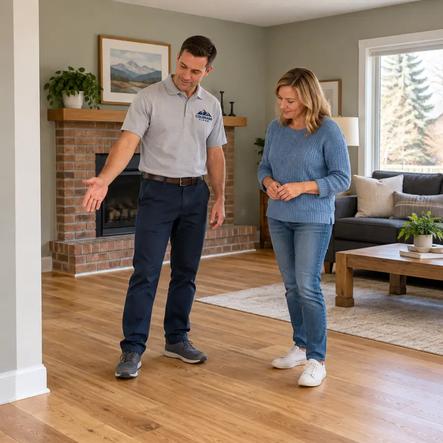 Colorado Floor installer walking a homeowner through her newly installed wood floor in her living room