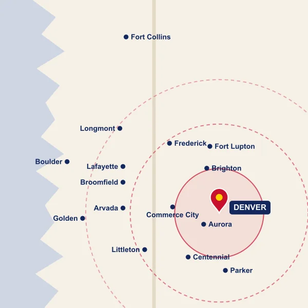 Map of the Colorado Floor service area: Denver, Aurora, Brighton, Broomfield, Arvada, Boulder, Centennial and nearby Front Range cities