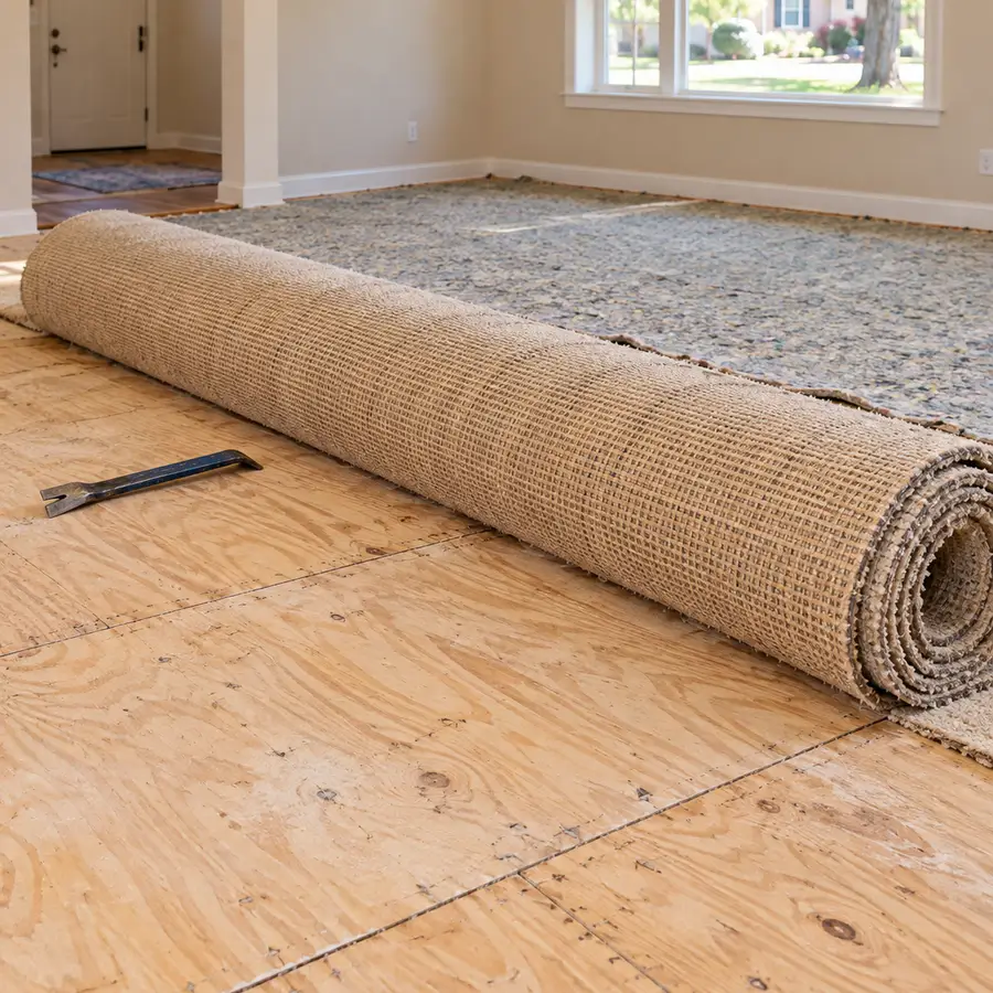 Old carpet rolled up on a bare plywood subfloor with a pry bar during carpet removal
