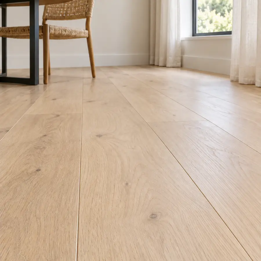 Light natural oak-look laminate flooring in a bright dining room with a woven chair and sheer curtains