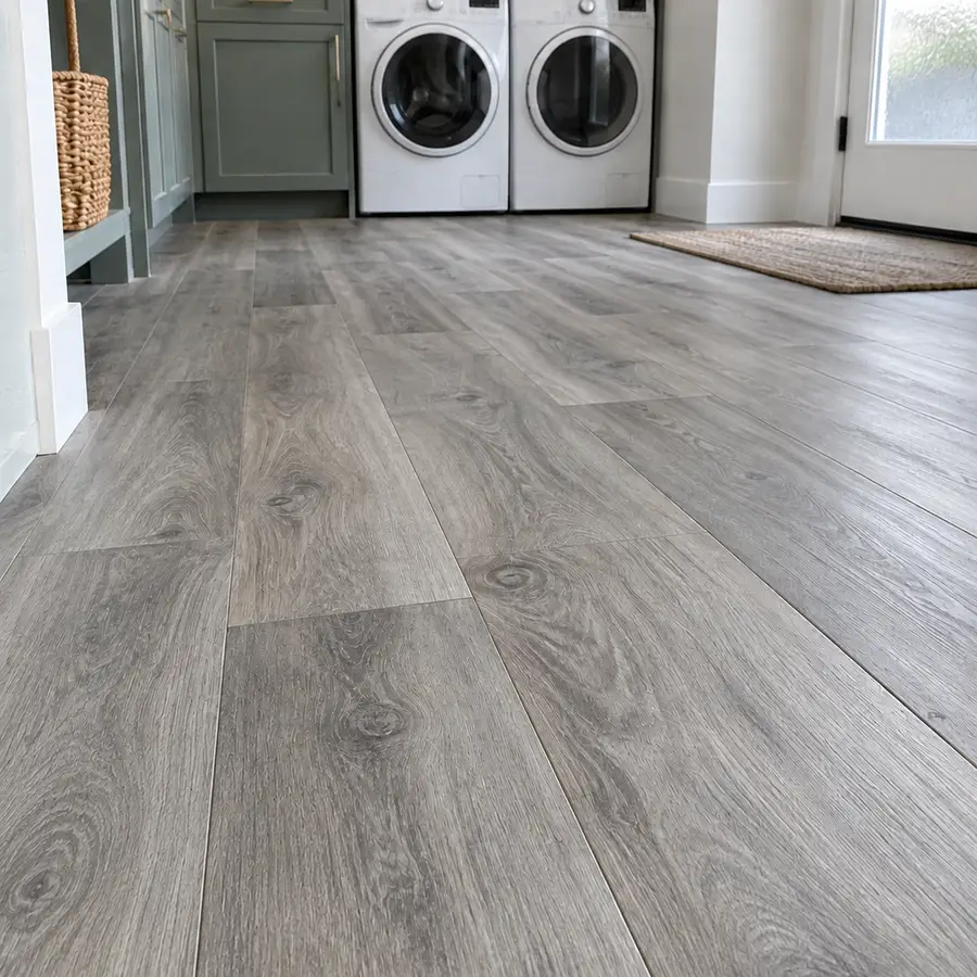 Gray wood-look luxury vinyl plank (LVP) flooring in a laundry room with a washer and dryer