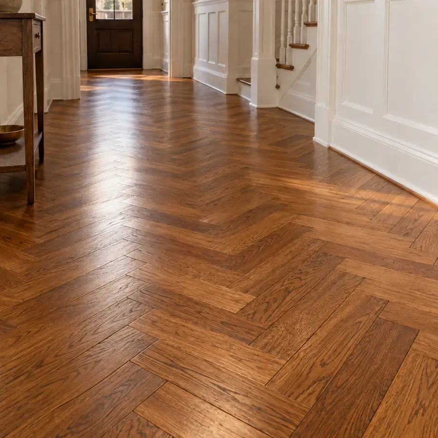 Herringbone solid oak hardwood floor in a bright entry hallway with white wainscoting and a staircase