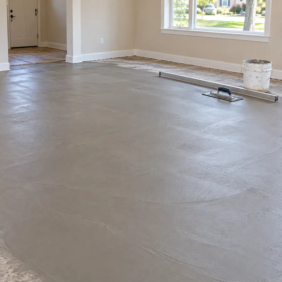 Freshly leveled subfloor with self-leveling compound, a straightedge and a trowel in an empty room